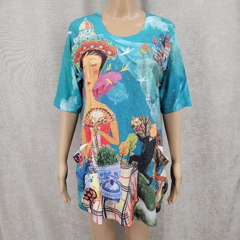 Inoah Artsy Art To Wear Colorful Tunic with Pockets Suitor Courting Lady Twee
